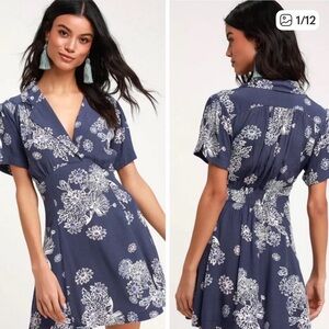 Free People Blue Hawaii Fit-and-Flare dress in a blue washed floral print SZ XS